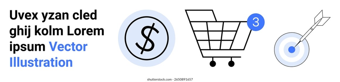Sinal de dólar dentro do círculo, carrinho de compras com 3 notificações e alvo com seta. Ideal para compras on-line, comércio eletrônico, negócios de varejo, finanças, marketing e definição de metas. Página inicial