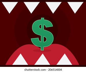Dollar sign inside mouth with sharp teeth 