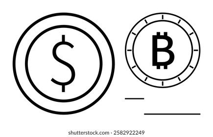 Dollar sign inside a round coin icon next to Bitcoin symbol in a circular coin. Ideal for finance, cryptocurrency, fintech, investment, currency exchange, digital wallets, market analysis. Line