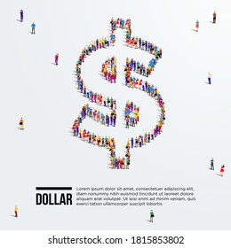 Dollar Sign. Large group of people form to create US dollar sign. Vector illustration. Currency of America.