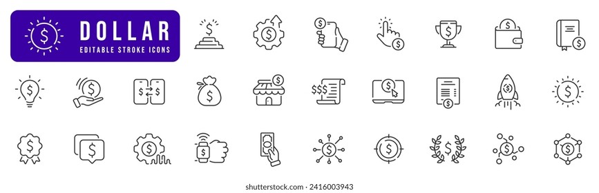 Juego de iconos de la línea de signos del dólar. Dinero, pago, efectivo, moneda, billetera, finanzas, patrimonio, moneda, etc. Accidente cerebrovascular editable