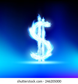 dollar sign is lit with a blue flame