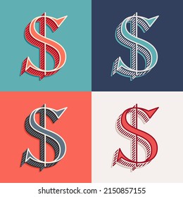Dollar sign logo in classic three-dimensional sport style. Perfect for creating classical college or sports printing, retro design, clothing embroidery, packaging, vintage header, luxury identity