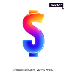 Dollar sign logo. Realistic 3D design in cartoon vivid style. Vector illustration. Perfect gradient icon for holiday sale banner, glossy tech posters, multicolor emblems, vibrant futuristic ad.