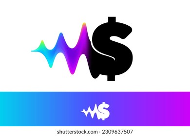 Dollar sign logo with sound wave flow. Vibrant line glitch effect. Multicolor neon gradient icon. Vector font for audio label, multimedia company advertising, DJ posters, game screens, music identity.