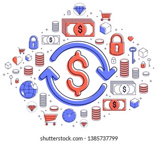 Dollar sign and loop arrow, currency exchange, return on investment, insurance concept, refund, stock market, refinance, vector design.