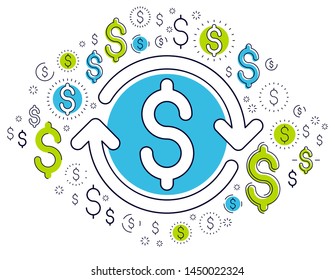 Dollar sign and loop arrow, currency exchange, return on investment, insurance concept, refund, stock market, refinance, vector design.