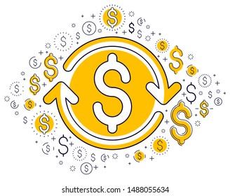 Dollar sign and loop arrow, currency exchange, return on investment, insurance concept, refund, stock market, refinance, vector design.