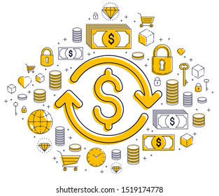 Dollar sign and loop arrow, currency exchange, return on investment, insurance concept, refund, stock market, refinance, vector design.