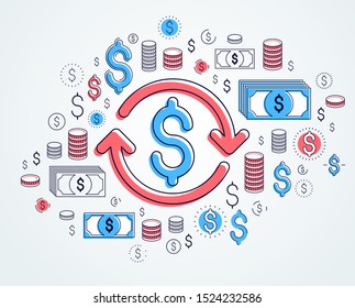 Dollar sign and loop arrow, currency exchange, return on investment, insurance concept, refund, stock market, refinance, vector design.