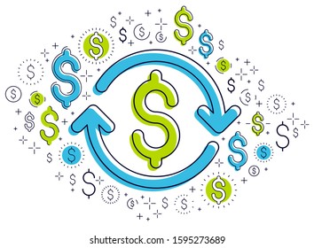 Dollar sign and loop arrow, currency exchange, return on investment, insurance concept, refund, stock market, refinance, vector design.