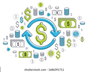 Dollar sign and loop arrow, currency exchange, return on investment, insurance concept, refund, stock market, refinance, vector design.