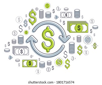 Dollar sign and loop arrow, currency exchange, return on investment, insurance concept, refund, stock market, refinance, vector design.