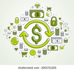 Dollar sign and loop arrow, currency exchange, return on investment, insurance concept, refund, stock market, refinance, vector design.
