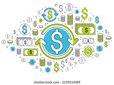 Dollar sign and loop arrow, currency exchange, return on investment, insurance concept, refund, stock market, refinance, vector design.