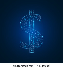 Dollar sign with low poly glowing connected dots. Futuristic dollar symbol with triangular blue shapes. Vector isolated on dark blue background.