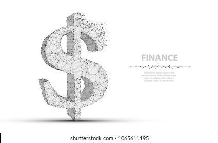 Dollar sign. Low poly wireframe mesh with crumbled edge. Currency, banking, finance symbol. Concept illustration or background. Easy modify crumbling