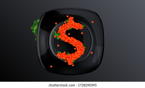 Dollar sign made from red caviar on a black plate.