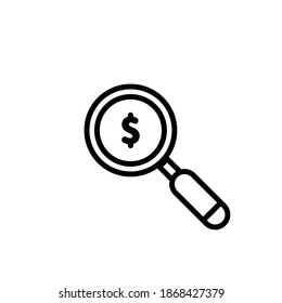 Dollar sign in magnifying glass icon. Looking for money. Find best offer price. App ui ux web button logo. Vector EPS 10. Isolated on white background