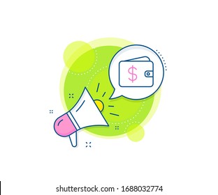 Dollar-Schild. Megaphone Beförderung Komplex Symbol. Symbol für die digitale Brieftasche kaufen. Geldtaschensymbol USD. Business-Marketing-Banner. Dollar-Portemonnaie-Schild. Vektorillustration