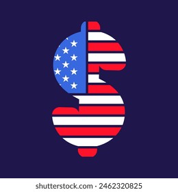 Dollar sign money symbol national american currency. Festive element, attributes of July 4th USA Independence Day. Flat vector icon in national colors of US flag on dark blue background