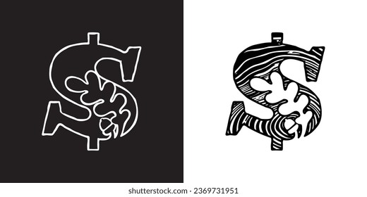 Dollar sign with oak leaf and acorn. Tree cross-section. Natural wood texture, ring pattern. Trunk saw cut. Negative space emblem. Vector icon for eco identity, university coat of arms, vintage adv.