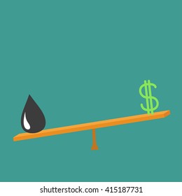 Dollar sign and oil drop on scale board. Balance between dollar and oil value. Seesaw icon. Business infographic. Green background. Isolated Down up money value concept Flat design Vector illustration