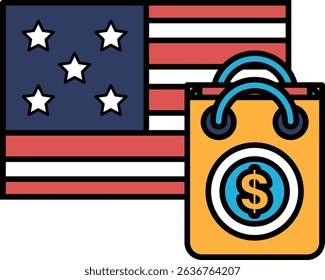 A dollar sign is on a bag that is next to an American flag. The bag is orange and the flag is red, white, and blue
