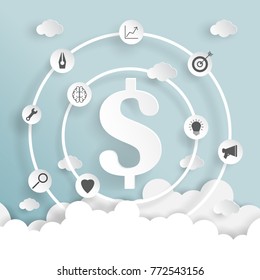 Dollar sign on blue sky and clouds of business strategy creative idea concept paper art style.Vector illustration.