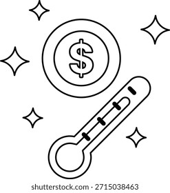 Ein Dollarzeichen ist auf einem Kreis. Ein Thermometer ist neben dem Dollarzeichen. Das Thermometer ist schwarz-weiß