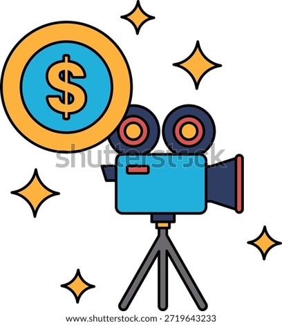 A dollar sign is on a coin. A camera is on a tripod. The camera is a symbol of money