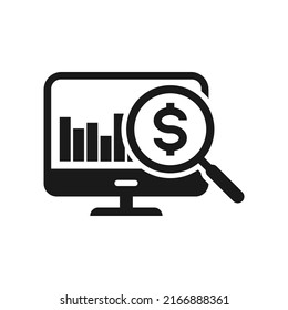Signo de dólar en la pantalla del ordenador. Investigación financiera, concepto de icono de análisis de dinero aislado. Ilustración del vector