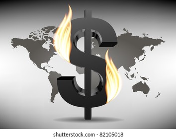 Dollar sign on fire (on a background map of the world)