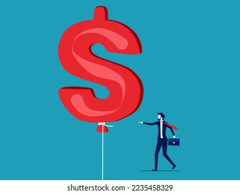 Dollar sign on a floating balloon. Investment bubble. High inflation. Financial risks