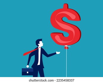 Dollar sign on a floating balloon. Investment bubble. High inflation. Financial risks