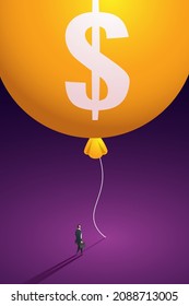 Dollar sign on a floating balloon.Investment bubble is ready to explode, high inflation financial risk. isometric vector illustration.