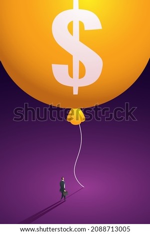 Dollar sign on a floating balloon.Investment bubble is ready to explode, high inflation financial risk. isometric vector illustration.