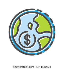 Signo de dólar en icono de línea delgada del globo, logotipo aislado en fondo blanco. Asociación internacional, pictograma de esquema de gran cosa. Clima de inversión, elemento vector de capital riesgo para infografía, web.