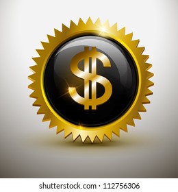 Dollar sign on golden shiny modern element. Golden Web button. Vector sticker. Part of set.