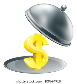 A Dollar sign on silver platter. Conceptual illustration for money making opportunity or perhaps to do with expensive dinning
