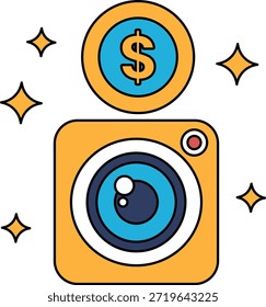 Un signo de dólar está encima de una cámara. El signo del dólar está rodeado por un círculo. La cámara es un Pequeño dibujo en blanco y negro