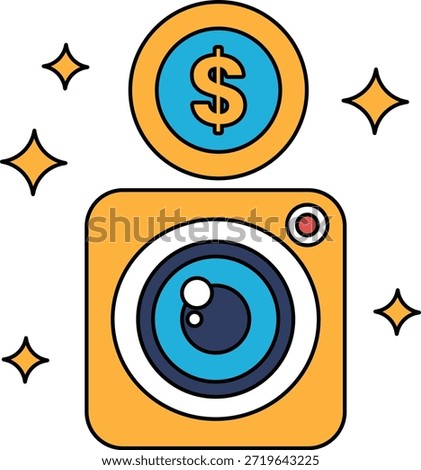A dollar sign is on top of a camera. The dollar sign is surrounded by a circle. The camera is a small, black and white drawing