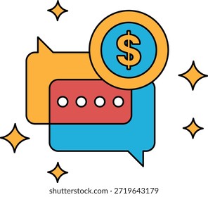 Un signo de dólar está encima de una burbuja de chat. El signo del dólar está rodeado por un círculo