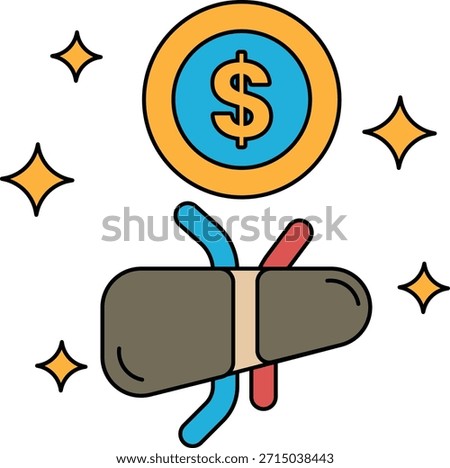 A dollar sign is on top of a coin. The dollar sign is surrounded by a star