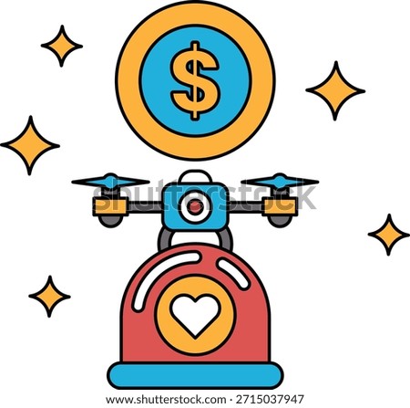 A dollar sign is on top of a scale with a drone on the bottom. The drone is on a scale with a heart on it