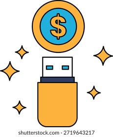 Un signo de dólar está en la parte superior de una unidad flash USB. El signo del dólar está rodeado por cinco estrellas