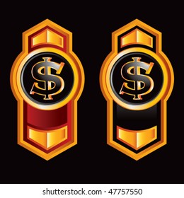 signo de dólar en flechas verticales anaranjadas con forro rojo y negro