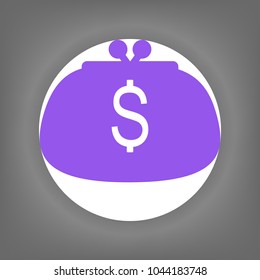 Dollar sign on wallet icon. Vector. Violet icon on white circle with shadow at gray background.