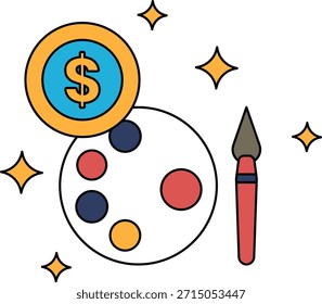Ein Dollarzeichen ist auf weißem Hintergrund. Ein Pinsel ist daneben. Das Dollarzeichen und der Pinsel werden verwendet, um das Konzept von Geld und Kunst darzustellen