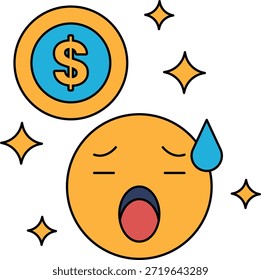Un signo de dólar está sobre un fondo blanco. Se dibuja una cara triste con la boca abierta